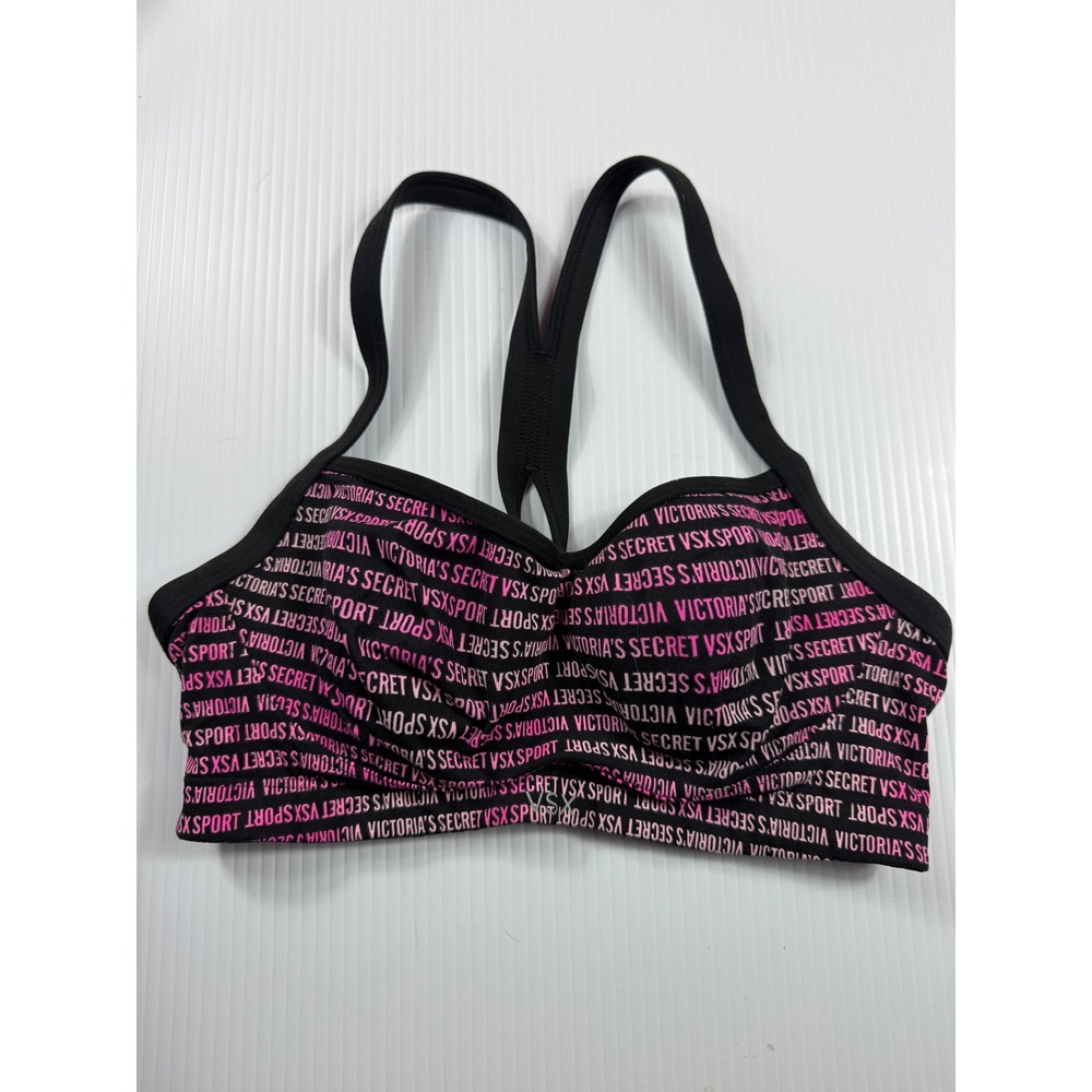 Victoria's Secret VSX Sport Bra Padded Racerback Black Pink Logo 32C